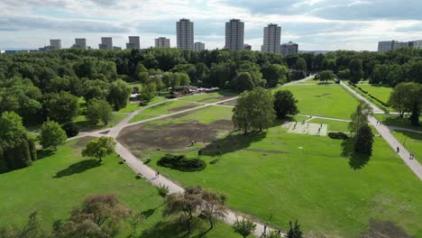 Park-during-a-beautiful-summer-day-surrounded-by-lush-greenery,-grass,-and-trees-under-a-clear-blue-sky