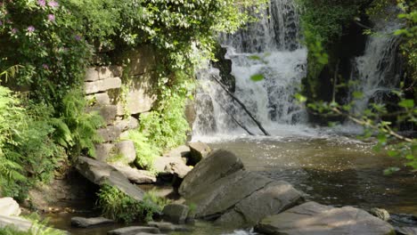 Reveal-of-Beautiful-Waterfall-in-Forest-with-River-and-Rocks---Slow-Motion-Footage