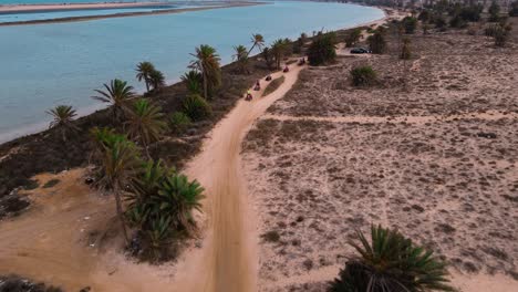 An-aerial-view-of-a-beach,-with-the-ocean-and-sandy-shoreline-visible-in-the-Lagoon-of-Djerba-at-Tunisia-,-ATV-quad-on-A-dirt-pathway-that-crosses-through-the-area