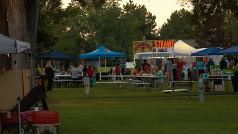 Eine-Weitwinkelaufnahme-Einer-Lokalen-Geschäftsmesse-Und-Eines-Bauernmarkts-Im-Kleinen-Stadtpark-Am-Abend