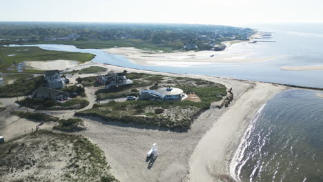 Dennis-port-coastline-and-nantucket-sound-in-the-morning,-aerial-view