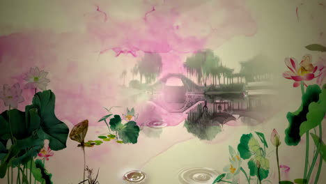 Fantasy-bright-ambience-landscape-of-beautiful-morning-sky,-mountains,-flowers,-lake,-ancient-house-with-simple-animation-in-Japanese-Chinese-anime-watercolour-style