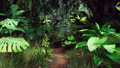 Tropical-Rainforest-Natural-Landscape-Track-In-Large-Trees-Plants-Vibrance-3D-Render-Realistic-Dense-Jungle-Pathway-Daytime-Palm-Big-Leaves-Fern-Exotic-Plants-Sunlight-Canopy-Background-Flora-Fauna