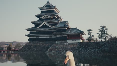 Höckerschwan-Auf-See-Mit-Matsumoto-Burg-Im-Hintergrund