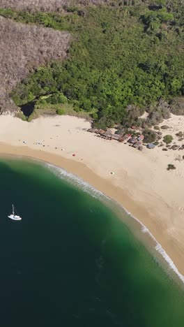 Above-view-of-Cacaluta-Bay,-Oaxaca,-Mexico,-vertical-mode