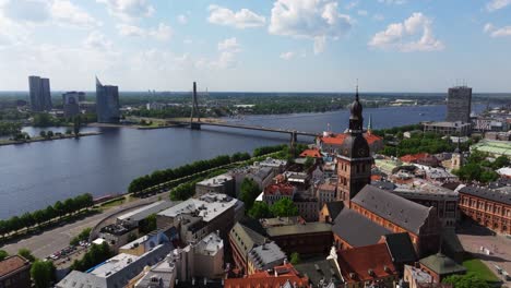 Old-Town-Riga,-Latvia-on-Beautiful-Summer-Day-with-Daugava-River-in-Background