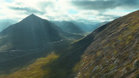 Aerial-View-of-Beautiful-Valley-in-Glencoe,-Scottish-Highlands