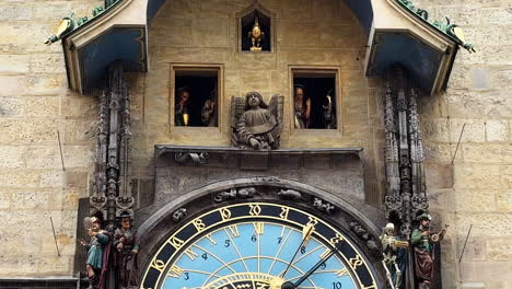 A-mesmerizing-view-of-Prague's-Astronomical-Clock-tower,-where-characters-in-the-clock-come-to-life,-offering-a-glimpse-into-the-city's-timeless-charm