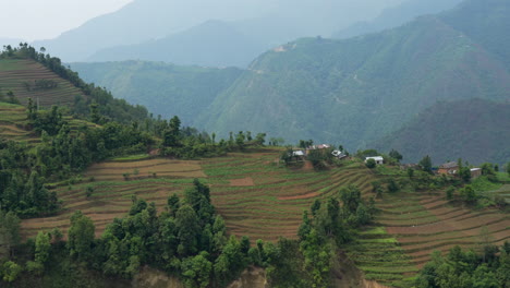 Una-Vista-Panorámica-De-Las-Verdes-Laderas-En-Terrazas-De-Las-Estribaciones-Del-Himalaya-En-Nepal