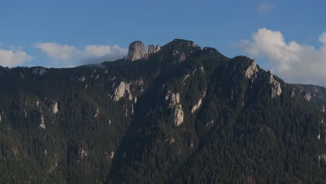 Aerial-close-up-shot-showing-tall-mountains-peaks-covered-in-dense-coniferous-green-forests,-blue-sky