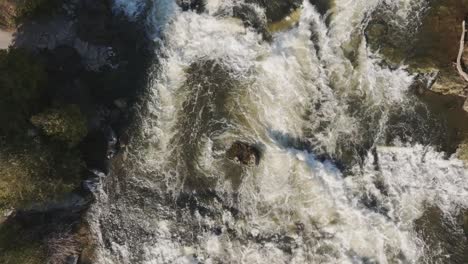 Rushing-waterfall-in-Owen-Sound,-Canada-captured-from-above-in-daylight