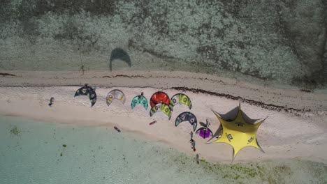 Colorful-kites-spread-on-a-sandy-beach-with-clear-turquoise-waters-from-an-aerial-perspective