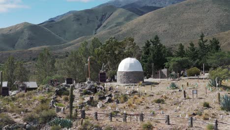 Astronomic-Observation-tower-in-the-mountains-of-Amaicha-del-Valle,-Argentina-aerial-view