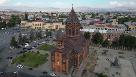 Aerial-orbits-Holy-Saviour's-Church-at-Vartanants-Square,-Gyumri-ARM