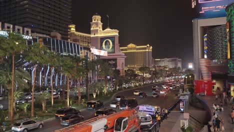 Profile-view-of-Las-Vegas-strip-with-police-presence-looking-at-the-Bellagio-in-USA-during-nighttime