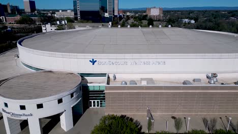 Rise-and-away-shot-of-the-Bon-Secours-Wellness-Arena-in-Greenville,-SC-ahead-of-the-NCAA-Women's-Basketball-Tournament