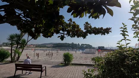 an-elderly-gentleman-observes-sitting-on-a-sidewalk-bench-in-front-of-the-beach-with-people-playing-sports-and-volley-on-the-sand,-a-sunny-day,-tilt-shot