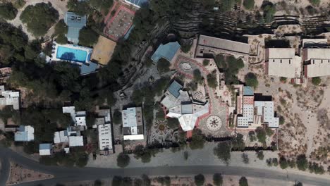 Top-Down-Aerial-View-of-the-Complete-Museo-Pachamama-Building-in-Amaicha-Del-Valle,-Tucumán,-Argentina