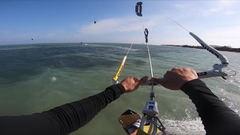 Kitesurfing-dynamic-waterstart-point-of-view,-My-Hoa-lagoon,-Vietnam