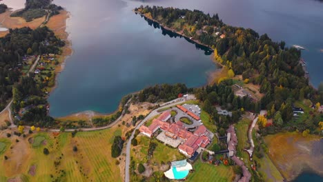 Llao-Llao-Hotel-resort-in-Patagonia-mountainous-and-lake-landscape,-aerial