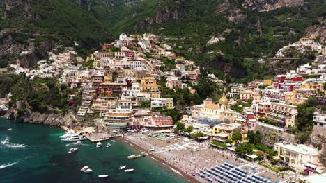 Beautiful-Aerial-View-Above-Positano---Famous-Beach-Town-in-Amalfi-Coast,-Italy