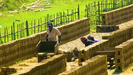 Asiatische-Bangladeschische-Bauarbeiter-Aus-Der-Ziegelindustrie-Tragen-Gabelstapler-In-Zeitlupe,-Aufgenommen-In-Ländlicher-Grüner-Landschaft