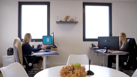 Slow-motion-dolly-shot-of-a-couple-of-females-working-at-their-corporate-job