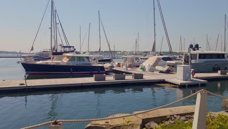 Pleasure-boats-and-yachts-at-marina,-Casco-Bay,-Portland,-Maine