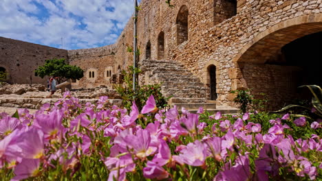 Flowers-in-the-foreground-as-a-woman-reads-the-history-at-a-castle-in-Greece