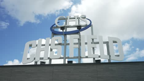 Low-angle-view-of-exterior-sign-and-trademark-logo-of-CHS-Field-in-USA