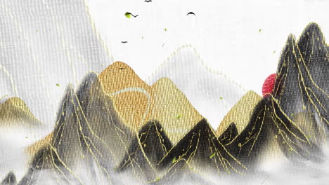 Mysterious-landscape-China's-traditional-Oriental-Digital-Art-animation,-Chinese-retro-painting-ink-misty-mountain-with-flowers,-tree,-birds,-river-in-fog-background