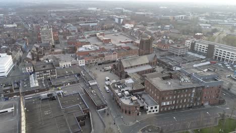 Corona-COVID-virus-lock-down-aerial-overhead-downtown-empty-city-rising-above-skyline