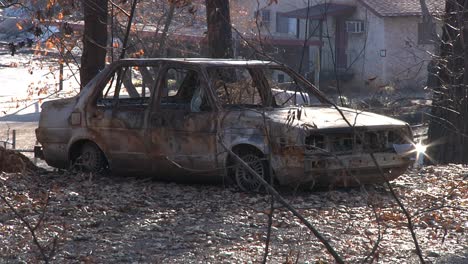 Camp-Fire-Destruction-Burned-Car-Among-Trees