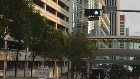 Reveal-shot-of-building-heavily-damaged-by-storm-in-downtown-Houston,-Texas