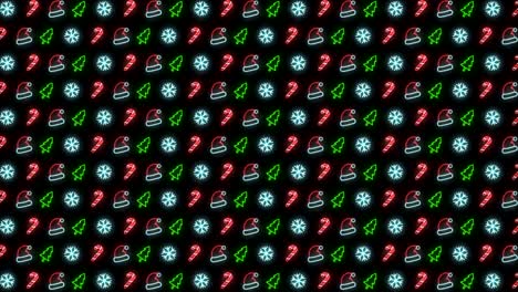 Neon-Christmas-Pattern-Background-of-Christmas-Tree,-Snowflake,-Santa-Hat-and-Candy-Cane-in-Red-Black-and-White-Looping-animation