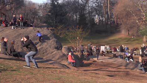 Central-Park-Grassy-Area-With-People-Walking-And-Vendors-During-Christmas-Holiday-Time,-Wide-Angle