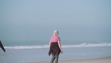 Slomo-back-view-tracking-shot-of-elderly-couple-walking-on-beach