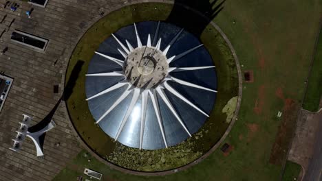 Roman-Catholic-worshipping,-modern-religious-structure,-aerial-orbital