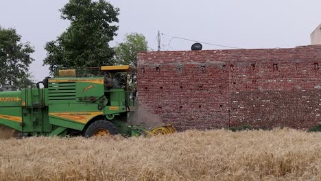 Plowing-Harvesting-Machine-Drives-On-A-Big-Field-Of-Wheat-Crop,-Indian-Farmer-Using-Modern-Machine,-Agriculture-Industry