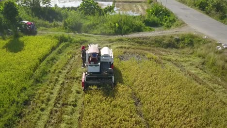 Aerial-drone-shot-of-farmers-harvesting-rice-using-a-modern-harvester-machine