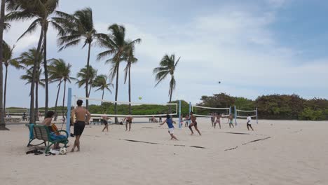 People-playing-beach-volleyball-on-a-sunny-day-at-Miami-Beach,-surrounded-by-palm-trees