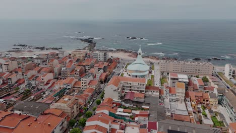 Aerial-view-of-Igreja-Nosso-Senhor-dos-Navegantes-in-Vila-do-Conde,-Portugal