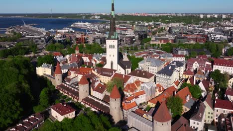 Drone-Orbits-Above-St-Olaf's-Church,-Walls-of-Tallinn