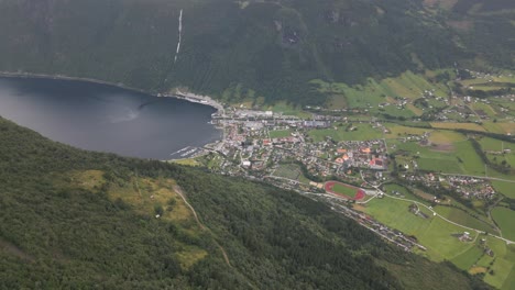 Aerial-Drone-Panning-Shot-of-Vikøyri,-Vik-i-Sogn,-in-Norway