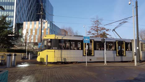 Metrolink-tram-service-pulls-in-to-Media-City-Salford-station