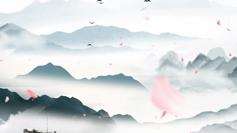 Mysterious-landscape-China's-traditional-Oriental-Digital-Art-animation,-Chinese-retro-painting-ink-misty-mountain-with-flowers,-tree,-birds,-river-in-fog-background