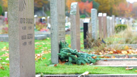 Few-of-the-many-graves-in-Kviberg-Cemetery-in-Gothenburg,-Sweden---Focus-pull