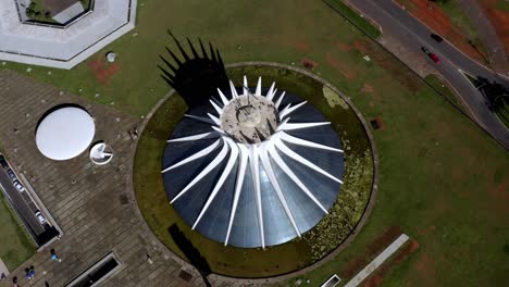 Birdseye-orbital-view,-religious-landmark,-unique-building-design-and-shape