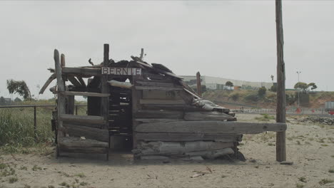 Wide-shot-of-a-driftwood-structure-on-Buchanan-beach