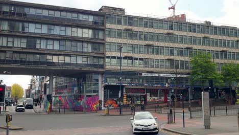 Brutalist-design-architecture-buildings-of-Ringway-and-traffic-in-central-city-of-Birmingham,-the-Midlands,-England-UK